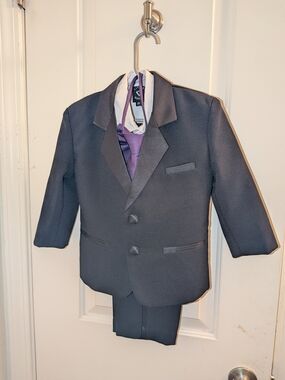 Boys Black Tuxedo Suit with Purple Tie